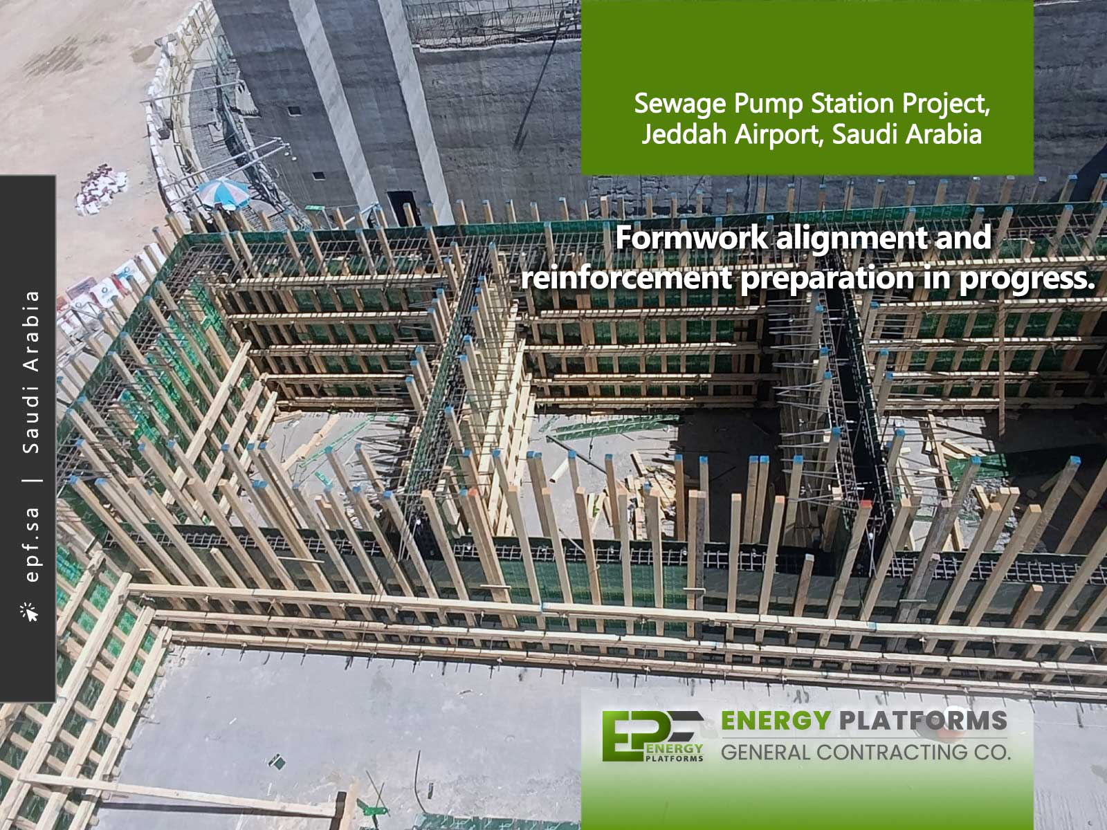 Formwork alignment and reinforcement preparation in progress