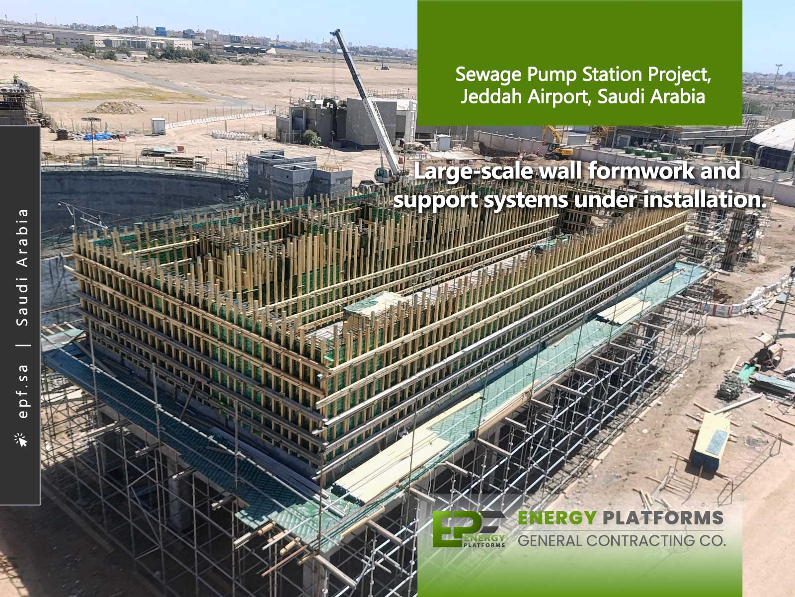 Large-scale wall formwork and support systems under installation