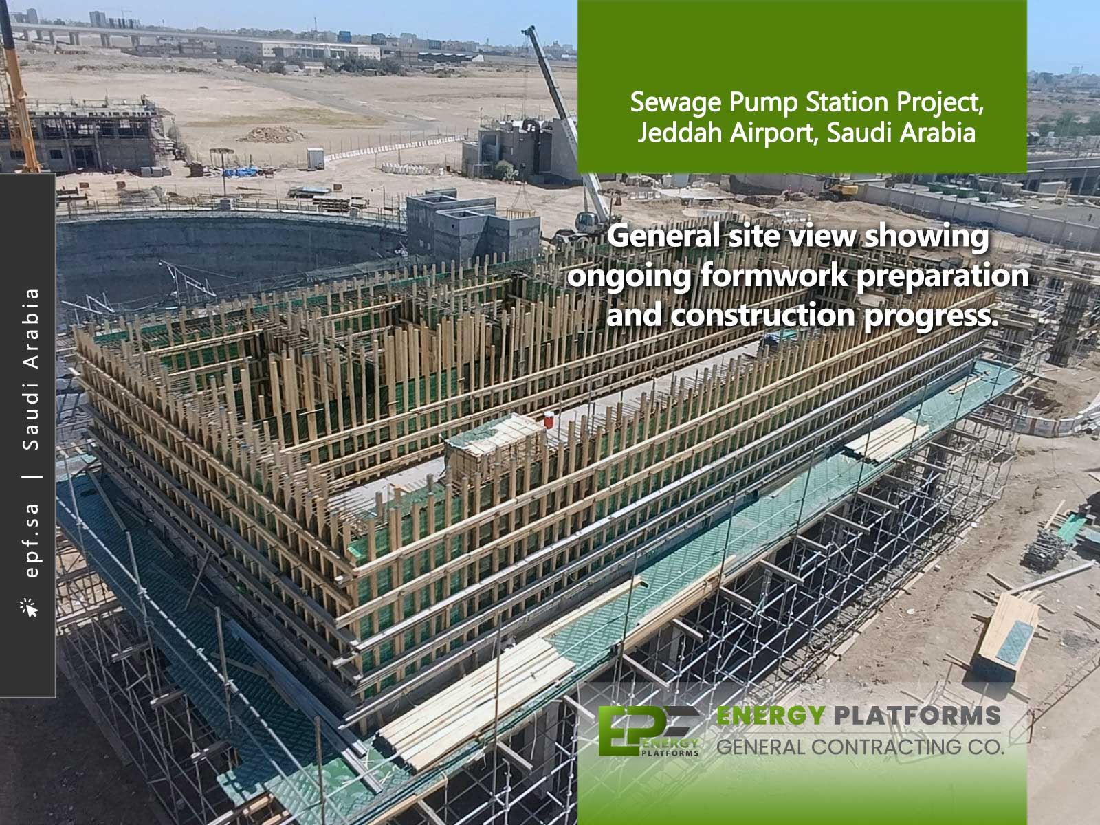 General site view showing ongoing formwork preparation and construction progress